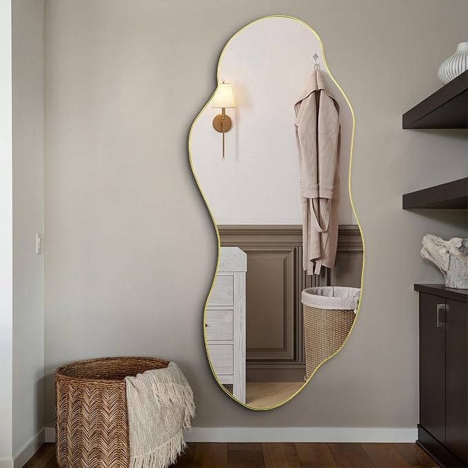 Large Irregular Wall Mirror, 63"x27.2" Asymmetrical Mirror with Gold Metal Frame, Organic Shape Mirror for Living Room Bedroom Hallway Entryway, Horizontal or Vertical Hanging