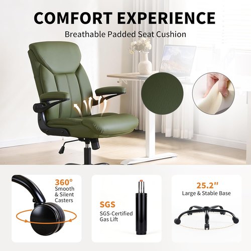 Comfy Ergonomic Desk Chair by Home Office | Adjustable Leather Executive Chair with Flip-Up Armrests & 360° Swivel (Green)