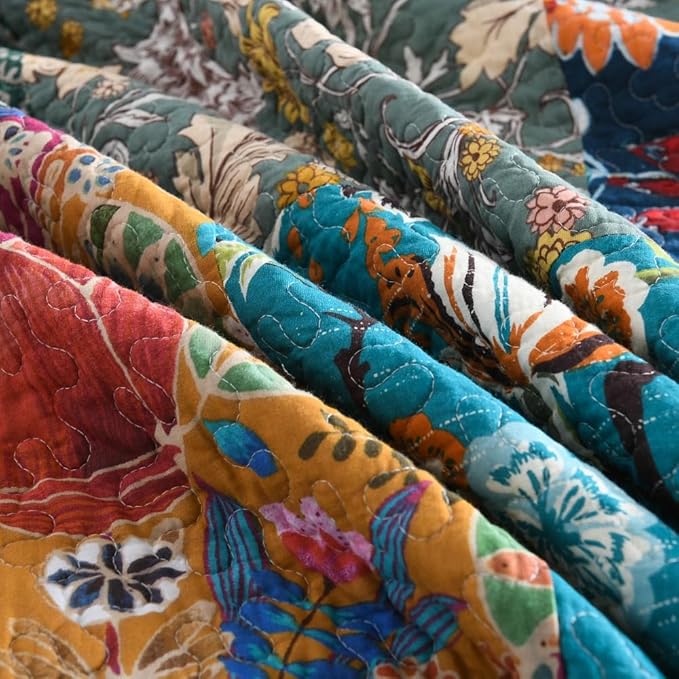 ENASAL Cotton Bedspread Quilt Sets Reversible Bedding Coverlet Sets Comforters, Patchwork Vintage Floral Turquoise Bedspread, Queen Size