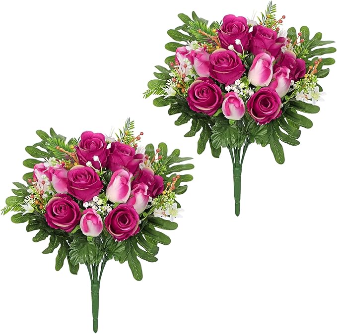 Hollyone Set of 2 Artificial Cemetery Flower for Graves Red Rose Cemetery Memorial Flowers for Outdoor Grave Decorations Silk Flower Arrangements Floral Flowers Bouquets
