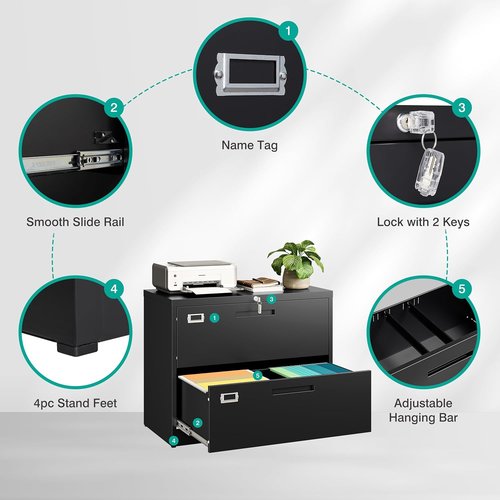 SISESOL Lateral File Cabinet - 2 Drawer Lockable Metal Design in Black | Fits A4, F4, Letter, Legal Files