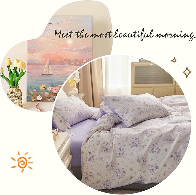 LifeTB Cotton Floral Duvet Cover Queen Vintage Style Purple Floral Bedding Set Chic Garden Flower Duvet Cover Boho Floral Botanical Comforter Cover with 2 Pillowcases Cottagecore Bedding Set Queen