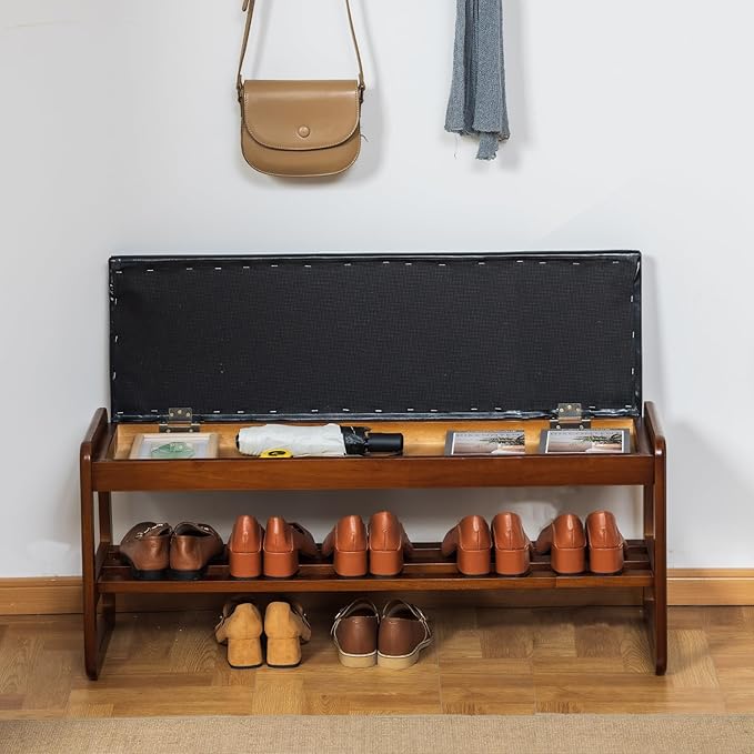 SOBIBO Solid Wood Shoe Bench, 2-Tier Entryway Bench with Cushion and Flip-Open Storage Box, Mid-Century Modern Shoe Bench Rack for Hallway, Mudroom(Black, 39.4'')