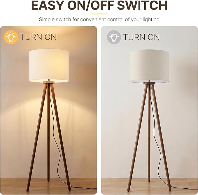 Buruis 60.6" Solid Wood Tripod Floor Lamp with 15.7" Large Linen Shade, Mid-Century Walnut Finish Standing Lamp for Living Room, Bedroom, Office, Corner, UL Listed, Bulb Not Included, Beige