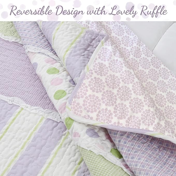 Cozy Line Home Fashions Lavender Green Stripe Dots Girl 100% Cotton Reversible Quilt Bedding Set, All-Season Coverlet Bedspread (Purple Dots, Twin - 2 Piece)