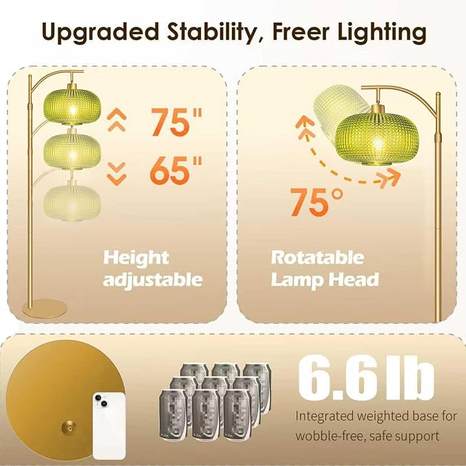 Glass Floor Lamp for Living Room, Modern Standing Lamp for Bedroom, Dimmable Tall Lamp with Shade, Remote,12W LED Bulb Included (Gold+Green)