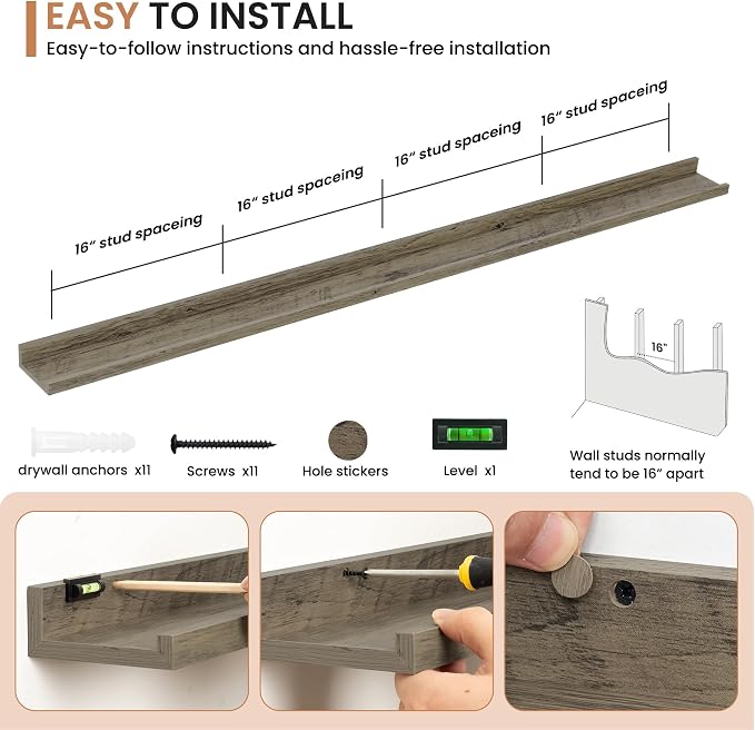 Dreamland Picture Ledge Shelf for Wall, Floating Shelves Set of 2,72 inch Long Floating Shelves with Lip for Living Room,Bedroom,Bathroom,Kitchen,Grey