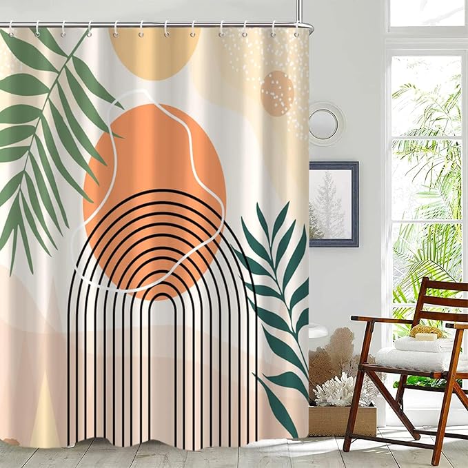 Mid Century Shower Curtain, Stall Abstract Boho Minimalistic Arch Sun Leaf Machine Washable Waterproof Fabric for Bathroom Bathtub Decor with Hooks 60Wx72H