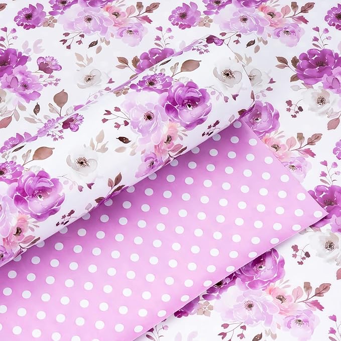 Yarcony Reversible Floral Wrapping Paper Roll, Purple Flower Gift Wrapping Paper, Watercolor Rose Design Wedding Gift Wrap for Girl Women Birthday, Mother's Day, Bridal Shower,Christmas (17Inx16.5Ft)