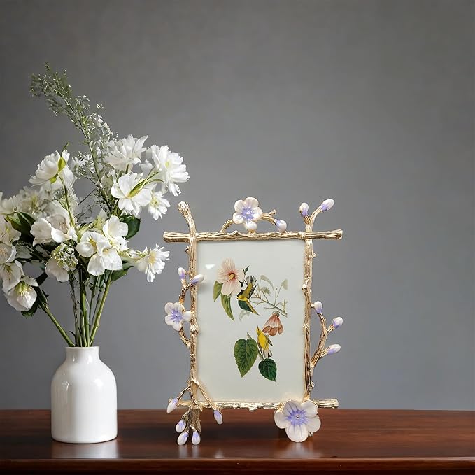 Vintage 4X6 Purple Picture Frame with Enamel Finis Glass Front - Ornate Antique Metal Flowers Photo Frame Tabletop/Wall Display Bedroom, Anniversary, Wedding Decorations and Gifts