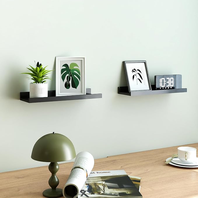 Black Floating Shelves for Wall Decor, Wall Mounted Wood Storage Shelf for Bedroom, Living Room, Bathroom, Kitchen, Nursery, Display Picture Ledge Shelf with Lip Set of 2-14 Inches, Black