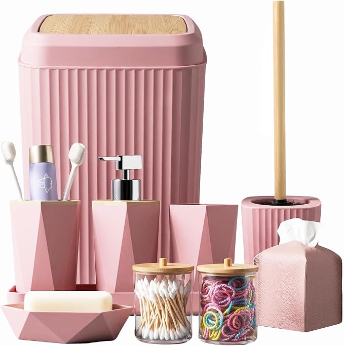Pink Bathroom Accessories Set, 10 Pieces Bamboo Bathroom Set with Trash Can, Tray, Soap Dispenser, Soap Dish, Toothbrush Holder, Toothbrush Cup, Tissue Holder, Toilet Brush and Qtip Holders