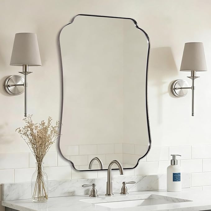 ANDY STAR 24"x40" Brushed Nickel Mirror, Scalloped Bathroom Wall Mirror in Anti-Rust Stainless Steel Metal Frame 1’’ Deep, Hangs Vertically/Horizontally