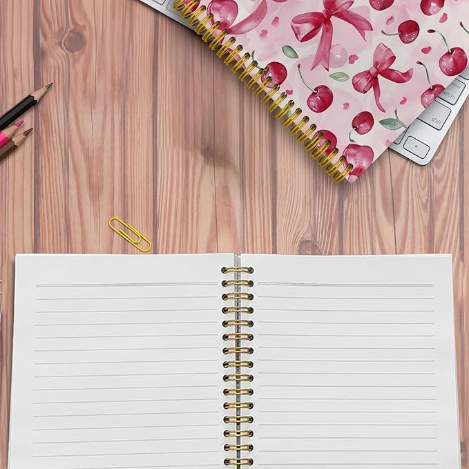 JKMBN Trendy Coquette Pink Bow Cherry Journaling Notebooks, Preppy Spiral Notebook, Cute Notebook Journal for Girls, Pink Office Supplies, Hardcover Spiral Lined Notebook 5.5 x 8.3
