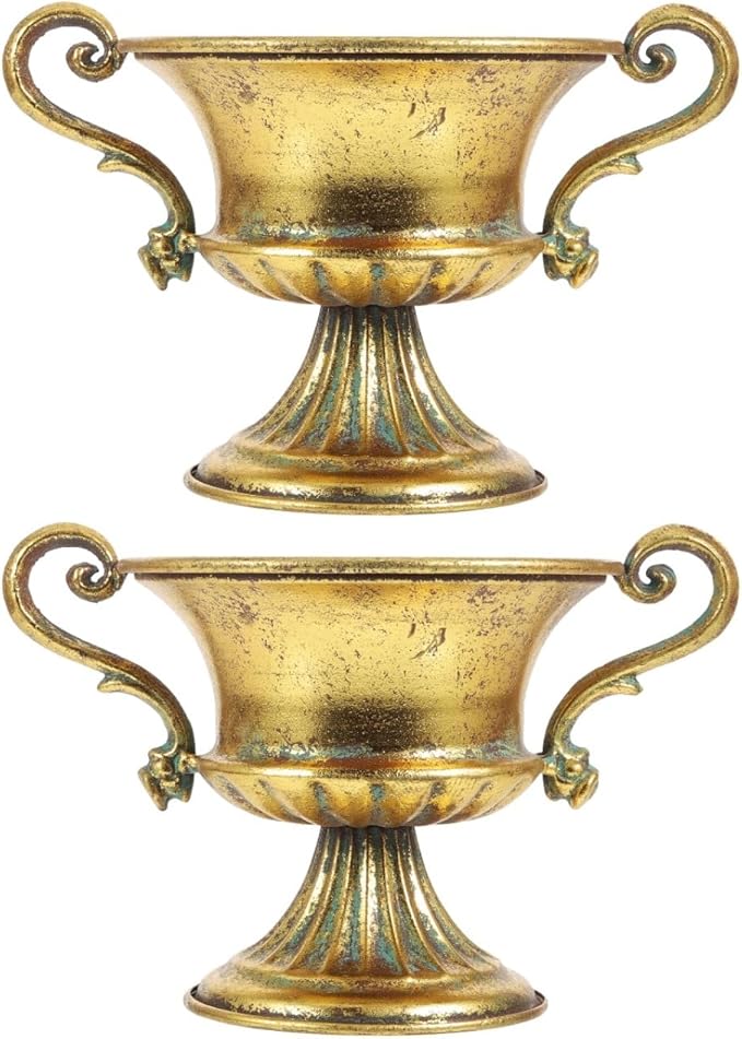 Amosfun 2pcs Vintage Urn Vase Brass Flower Pots Roman Style Trumpet Vases for Centerpieces Garden Patio Front Porch Decoration 9.2 x 6.3 Inch