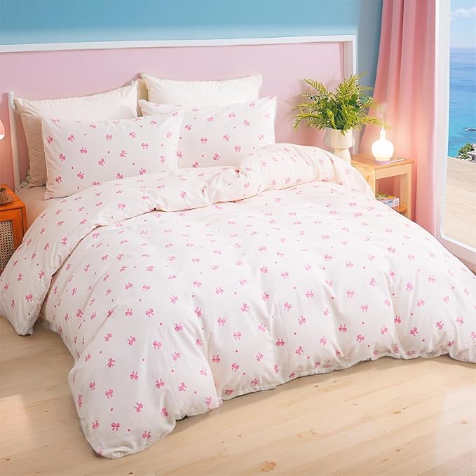 Pink Bow Duvet Cover Set King 100% Nature Cotton Duvet Cover 3 Pcs Girls Cute Comforter Cover with Zipper Closure Ultra Soft Breathable Bedding Set for All Seasons