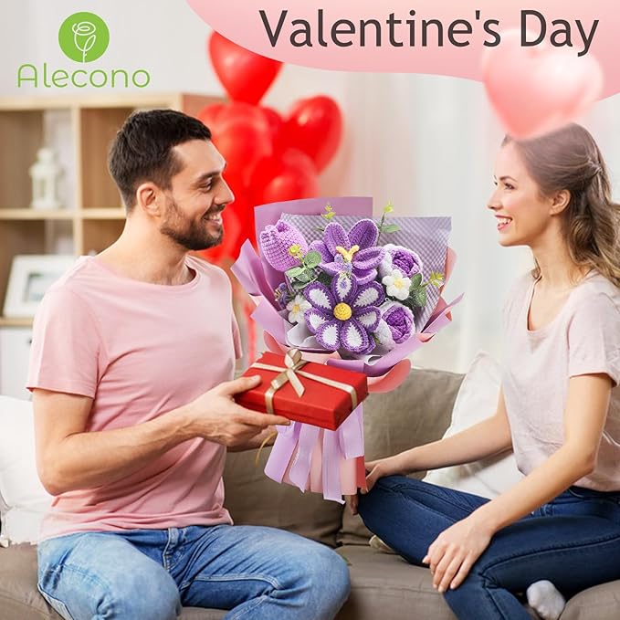 Alecono Crochet Flower Bouquet, Purple Knitted Flowers, Crochet Tulip Galsang Flower for Lover Anniversary Birthday Party Mother's Day Graduation Gifts (Include Card)