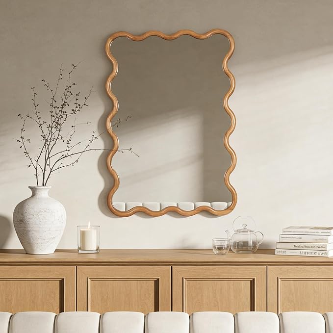 WallBeyond 28"x40" Large Wavy Wood Mirror, Natural Wood Boho Accent Wall Mirror with Solid Wooden Frame, Decorative Wall Mirror for Horizontal or Vertical Hanging in Bathroom or Living Space