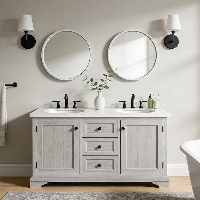WallBeyond 24 Inch Round Wood Mirror, Circle Wooden Frame Wall Mirror for Bathroom, Living Room, Bedroom, Entryway (White)