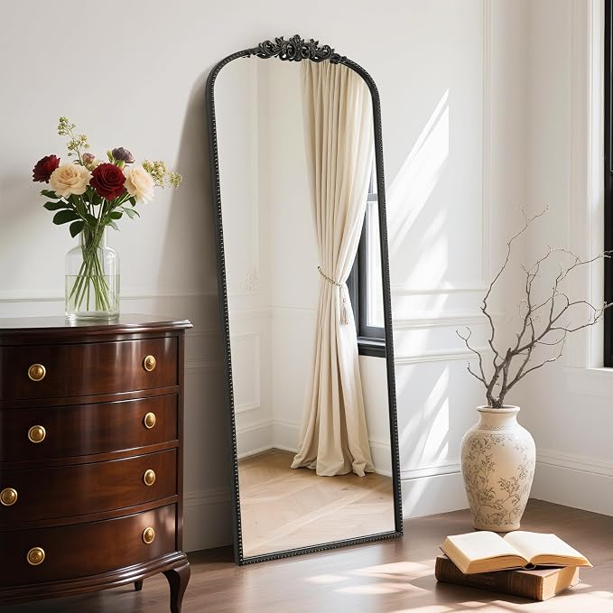 WallBeyond Arched Full Length Mirror Wall Mounted, 21x56 Inch Black Antique Mirror, Vintage Metal Frame Full Body Mirro for Bedroom, Living Room, Hanging or Leaning