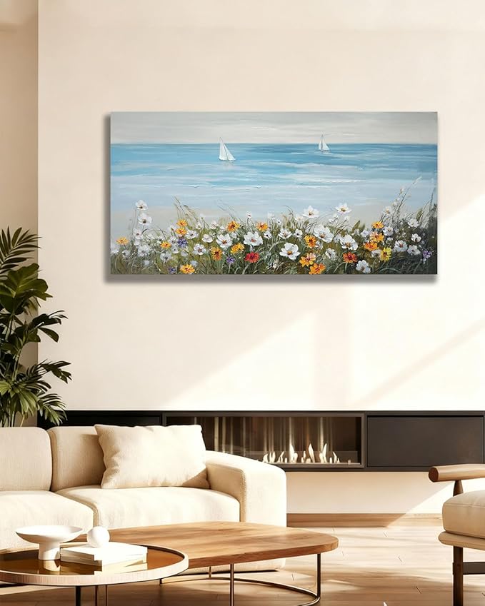 Ardemy Daisy Wall Art for Living Room, Floral Canvas Wall Art Ocean Flower Pictures Paintings Wall Decor Living Room Wildflower Artwork Dining Room Home Office Kitchen, 40"x20"