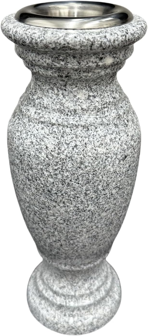 Memorial Cemetery Flower Vase - Real Granite (Grey Granite), with Stainless Steel Inner, Grave Marker, Decorations for Gravesite, Headstone Flowers Holder, Garden Lawn & Yard