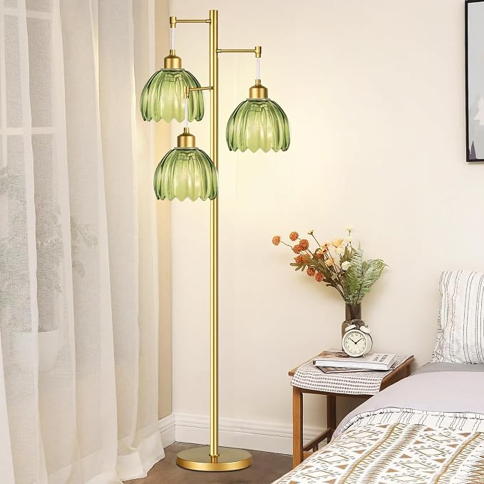 Glass Floor Lamp for Living Room,Bedroom,Gold Mid Century Modern Standing Lamp Brass Tree 3 Light Tall Floor Lamps Vintage Retro Floor Lights Green Flower Lamp Shade Farmhouse Boho Bohemian