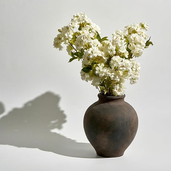 LB2 Brown Ceramic Large Vase, 11" Tall Zen Style vase, Terra Cotta Pitcher, Distressed Farmhouse Decor, Pottery Decorative Flower for Home Decor (C - Brown 11")