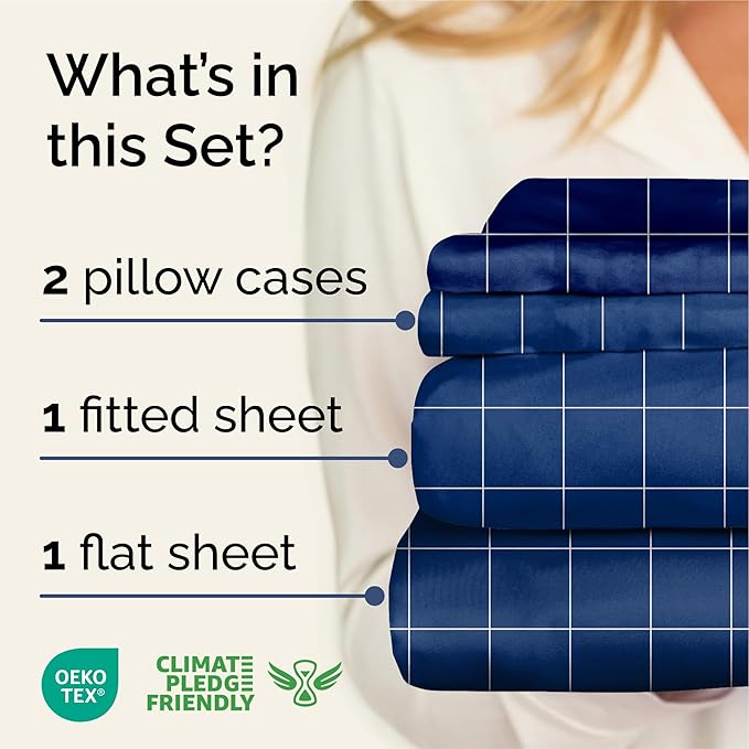 CGK Unlimited Blue Grid Bed Sheet Set – 1 Flat & 1 Fitted Sheet & 2 Pillowcases w/Deep Pockets – Wrinkle & Fade Resistant - Soft, Breathable & Cooling – Checkered Grid Bed Set, Seasons - Queen Size