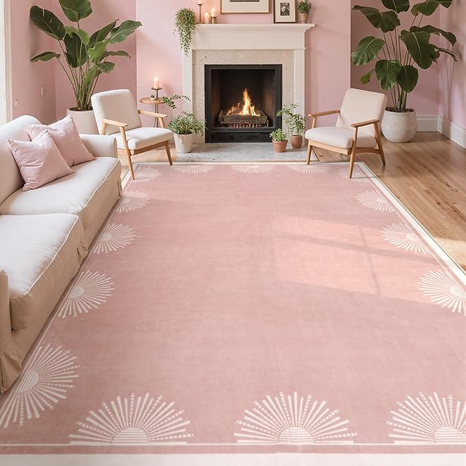 Hedlive Modern Pink 8x10 Rug for Living Room,Ultra Thin Washable Bedroom Rug 8x10 Under Bed, Non Slip Sun Print Large Rugs, Non Shedding Throw Carpet for Girls Room Nursery Dorm(8'x10',Pink)