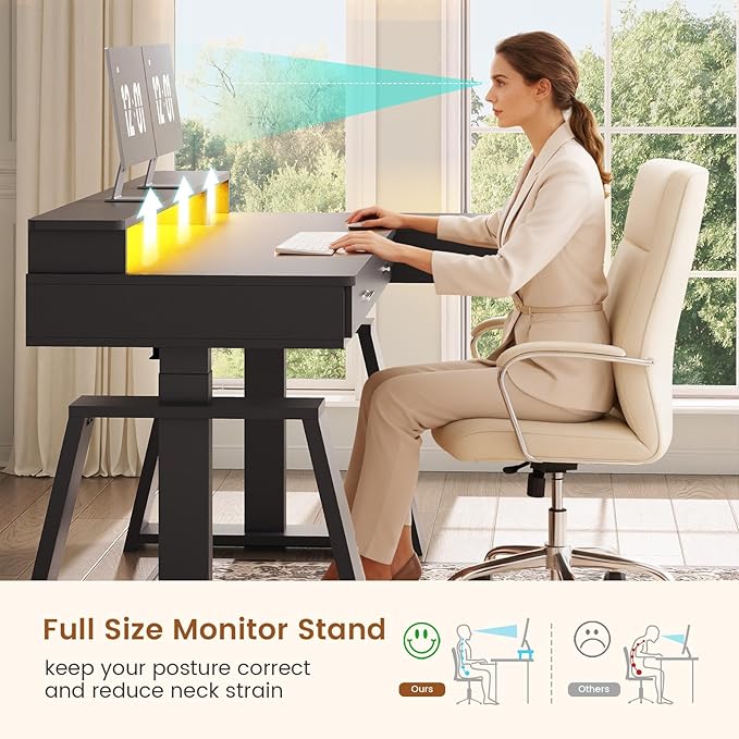 SEDETA 59 Inch L Shaped Electric Standing Desk with Drawers, Executive Adjustable Desk with Power Outlets, Monitor Stand, Sit Stand Computer Table for Home Office, Black