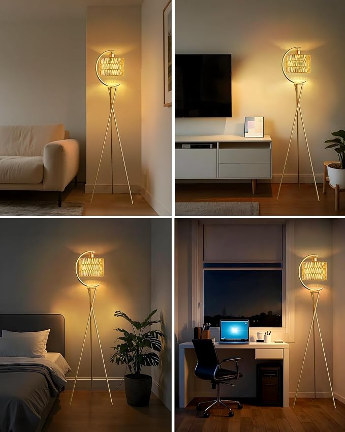 Lightdot Tripod Floor Lamp for Living Room, Gold Standing Lamp with Bulb Included, Boho Farmhouse Tall Lamp for Bedroom, Arced Reading Light with Rattan& Linen Shades for Sofa Beside/Corner Decor