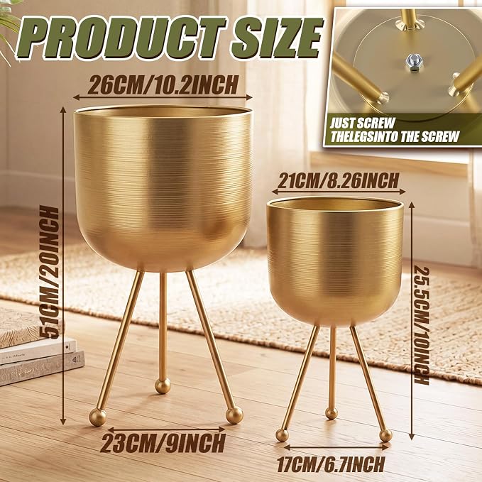Frienda 2 Pack Mid Century Modern Decor Mid Century Modern Planter Metal Flowerpot with Stands Stylish Floor-Standing Flowerpot for Boho Home Office Indoor Outdoor Decor 20", 18" h (Gold)