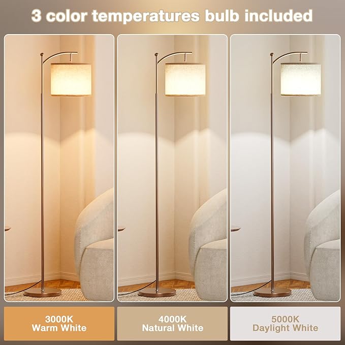Ambimall 60" Floor Lamp for Living Room with 3 Color Temperatures, Adjustable Beige Shade with Brown Pole, Tall Lamp for Bedroom Office Classroom Dorm Room, 9W Bulb Included
