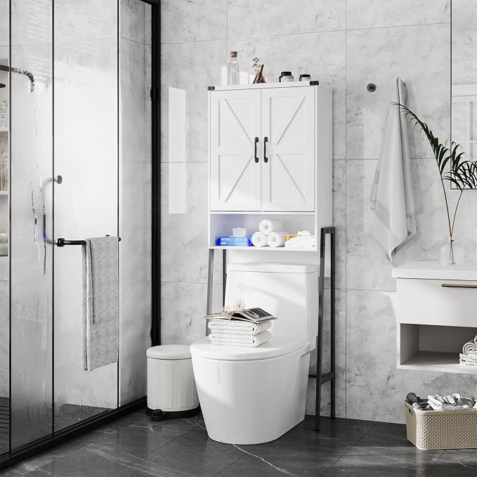 Vabches Over The Toilet Storage Cabinet with 2-Door Design Bathroom Organizers and Storage with Anti-Tip Device Over Toilet Organizer with Shelves for Bathroom,Restroom,Laundry White