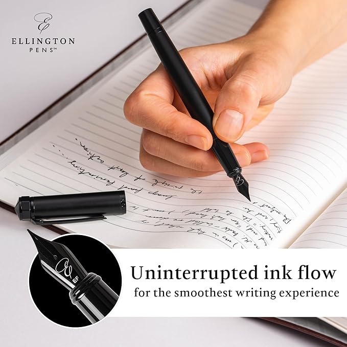 Ellington Pens Luxury Fountain Pen Set - Smooth Fine Nib - Includes 3 Ink Cartridges, Refillable Ink Converter, Gift Box - Fountain Pens For Writing, Calligraphy, Journaling, Sketching (The Stealth)