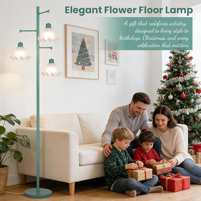TOBUSA Green Flower Floor Lamp for Living Room, 3-Light Vintage Floor Lamp with 3 LED Bulbs, 68’’ Tall Standing Lamp with White Acrylic Shades, Modern Boho Unique Floral Floor Light for Bedroom Office