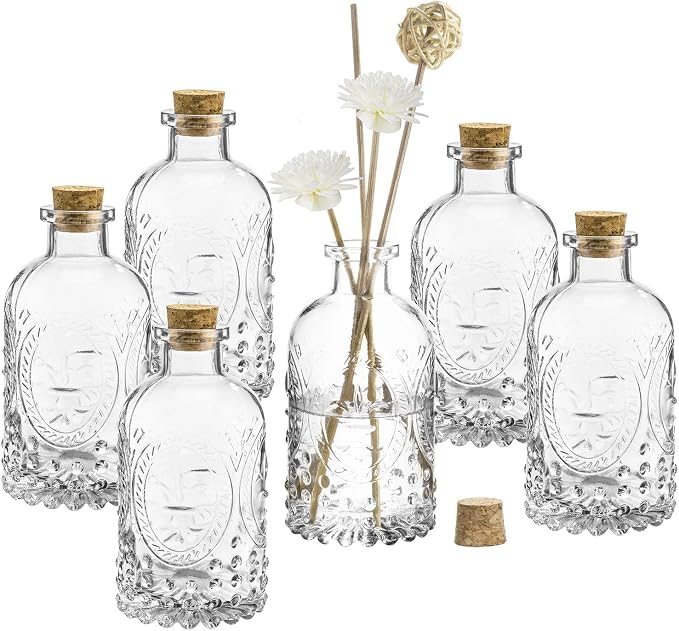 MyGift Vintage Design Embossed Fleur De Lis Clear Glass Bottles with Cork Lid, Apothecary Flower Bud Vases, Set of 6