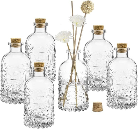 MyGift Vintage Design Embossed Fleur De Lis Clear Glass Bottles with Cork Lid, Apothecary Flower Bud Vases, Set of 6