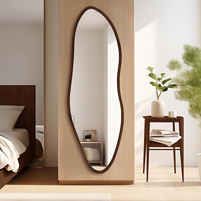 Irregular Full Length Mirror, 65"x22" Wooden Farmhouse Full Body Mirror, Large Asymmetrical Wall Mirrors for Living Room Entryway, Horizontal/Vertical, Walnut
