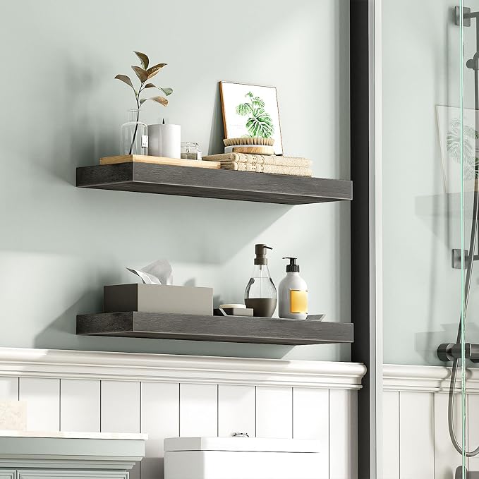 HOOBRO Floating Shelves for Wall, Wall Mounted Shelf Set of 2, 23.6" Hanging Shelf with Invisible Brackets, for Wall Decor Storage in Bathroom Bedroom Kitchen Livingroom Office, Charcoal Gray BC60BJ01
