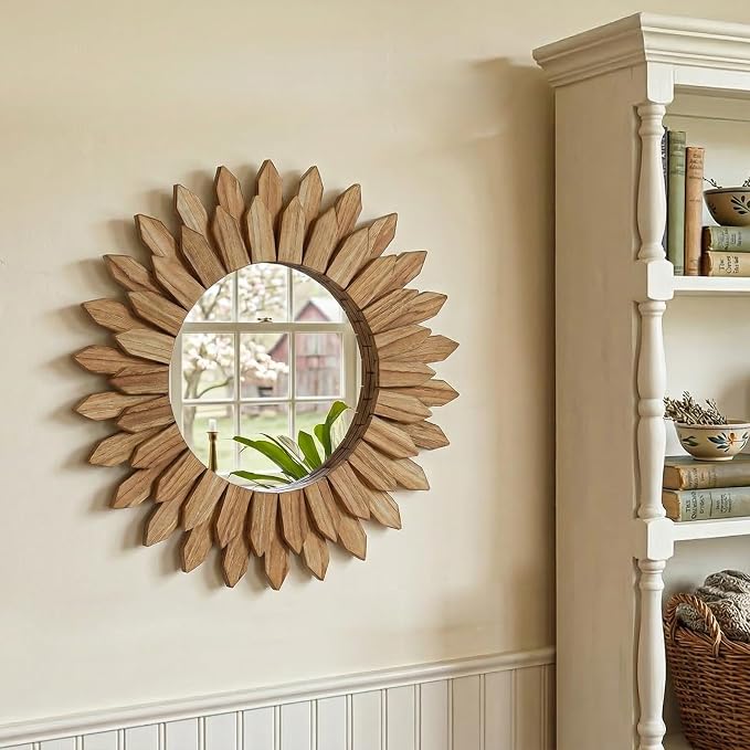 28 Inch Brown Boho Wall Decor Sunburst Mirror - Round Wooden Wall Decor, Handmade Rustic Circular Mirror for Living Room, Bedroom, Entryway, Office