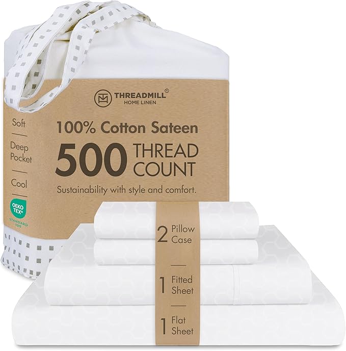 Threadmill 500 Thread Count Full Size 4 Pc Luxury Cotton Sheet Set, Jacquard Floria Hotel White, Silky Smooth Sheets with 16" Elasticized Deep Pocket, 2 Pillowcases & Free Tote Bag