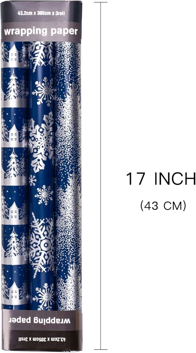 LeZakaa Navy Christmas Wrapping Paper Min Roll, Snowy Woodland Scenes House Snowflake Tree Holiday Gift Wrap, Arts Craft, for Xmas Winter Party Men Women, 17 x 120 inches, 3 Rolls