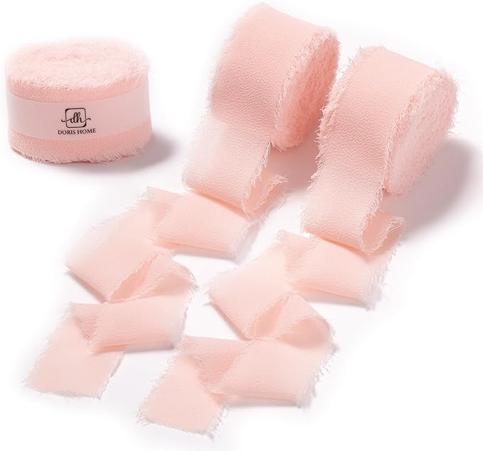 DORIS HOME Blush Pink Chiffon Ribbon for Flower Bouquet, 1" x21Yd Fabric Ribbon for Gift Wrapping, Handmade Frayed Ribbon for Wedding Invitations/Christmas Decorations