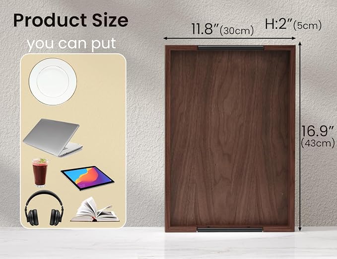 Fibogollo Walnut Wood Serving Tray with Metal Handles,17x12in Ottoman Decorative Trays Platter for Coffee Table,Living Room,Bar(Large)