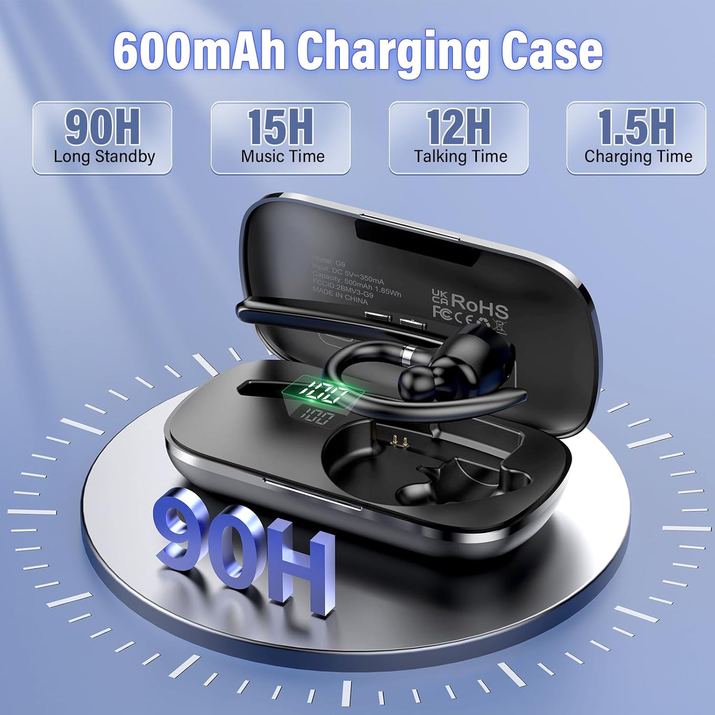 Thunelec Bluetooth Headset - Wireless 5.3 Earpiece with 90Hrs Battery Life & APTX HD Audio | Dual Noise Cancelling Mics