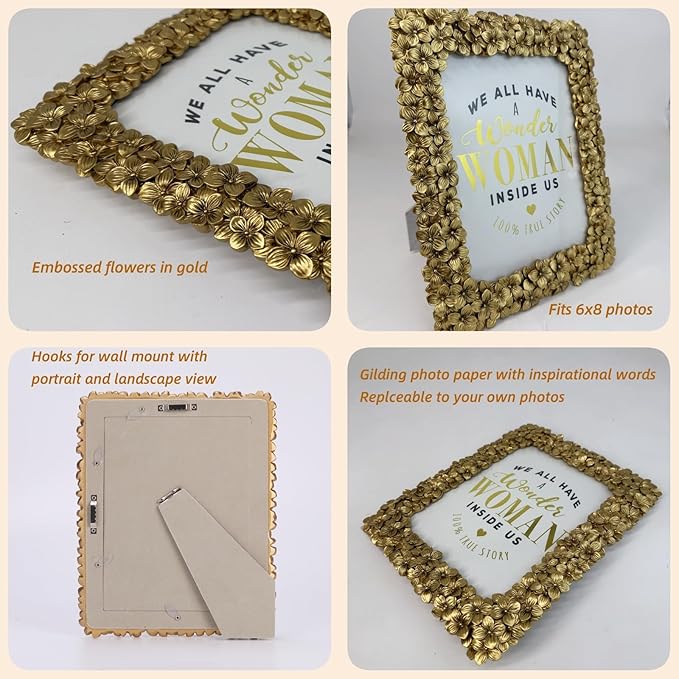 6x8 Antique Gold Picture Frame Vintage Golden Flowers Retro Ornate Photo Frames for Tabletop Display and Wall Mount Horizontal and Vertical(Gold)