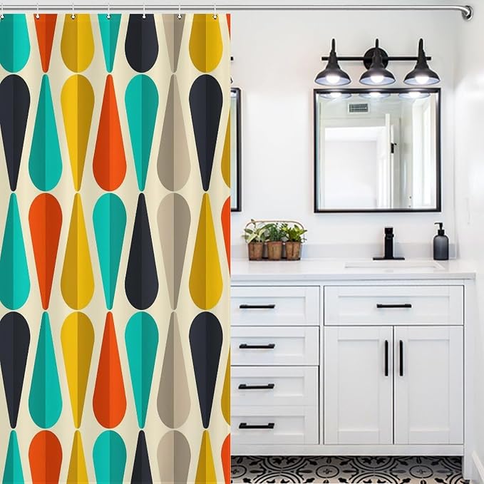 Mid Century Modern Shower Curtain,Colorful Abstract Geometric Drop Shapes Art Style Shower Curtains Set for Bathroom Fabric Decorative Bath Curtain Washable Curtain Hooks, 72x72 inch