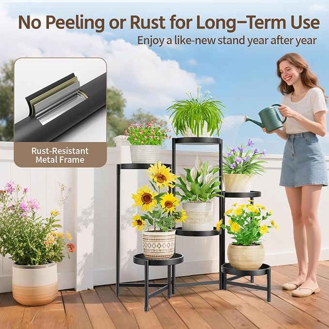 LASZOLA 6 Tier Large Plant Stand Indoor Tall with 10 Inch Metal Tray, Corner Folding Flower Display Rack, Modern Plant Holder Shelf for Outdoor Patio Porch Garden Office Living Room, Black